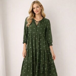 Madewell Tie-Front Neck Green Midi Maxi  dress. Stardot Pattern. Womens small